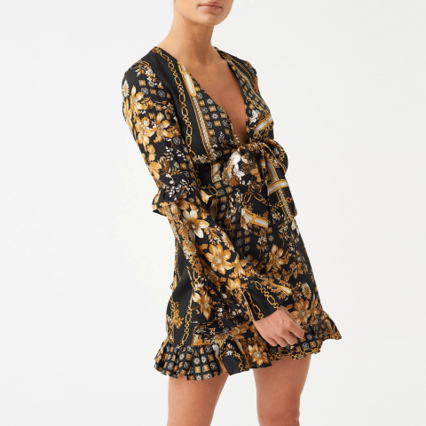 Forever Unique Printed Long Sleeve Ruffle Plunging Playsuit | Gold/Black
