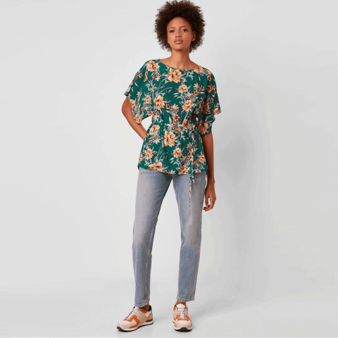 French Connection Claribel Floral Short Sleeve Belted Top | Evergreen Multi