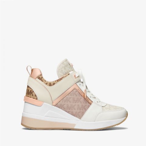 Michael Kors Georgie Colour-Block Leather and Logo Jacquard Trainer | Natural Combo