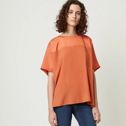 French Connection Tanja Satin Mix Boat Neck Top | Mulled Orange